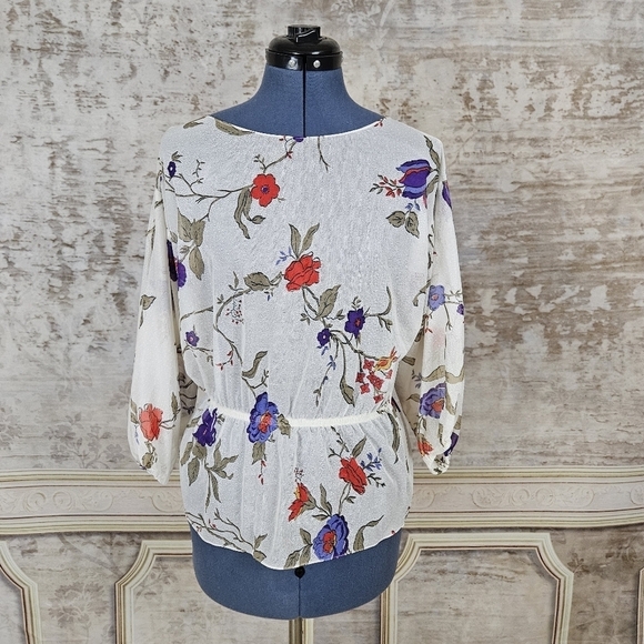 Vintage 1970s Sheer Blouse Ivory Floral Top Peplum 3/4 Sleeves Purple Red - Picture 6 of 8